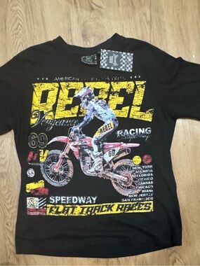 rebel Black Short Sleeve Moto Graphic Tee with Yellow Lettering